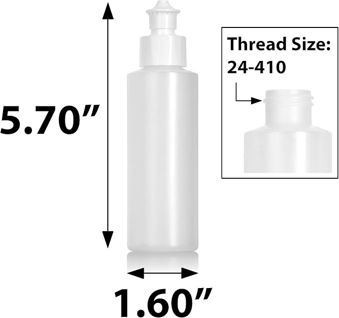 JUVITUS 4 oz Clear Natural Refillable Plastic Squeeze Bottle Dispenser with White Push Pull Cap Dispense (6 pack)