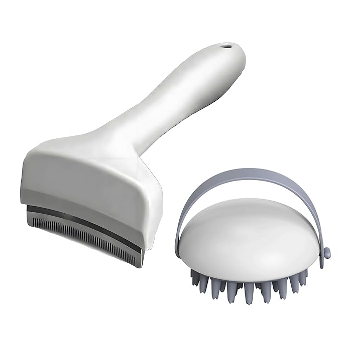 2 Pack Pet Grooming Set, Short Teeth Stainless Steel Deshedding Brush for Short-Haired Dogs and Soft Silicone Circular Bath Brush, Efficient Fur Removal and Gentle Cleaning (White, Small)