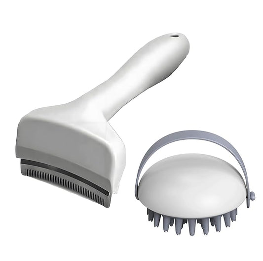 2 Pack Pet Grooming Set, Short Teeth Stainless Steel Deshedding Brush for Short-Haired Dogs and Soft Silicone Circular Bath Brush, Efficient Fur Removal and Gentle Cleaning (White, Small)