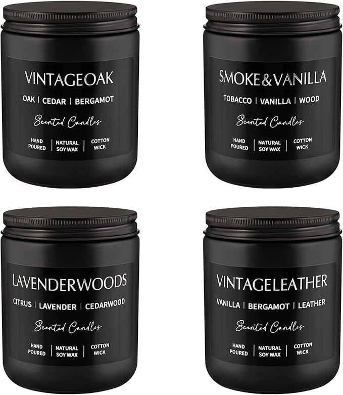 Scented Candles Gift Set - 4 Pack (7oz Each) Soy Wax Aromatherapy Candles with Essential Oils, Smokeless - Leather & Smoke, Vanilla Oakmoss, Lavender for Office, Gifts