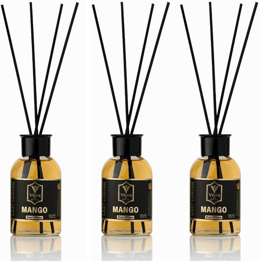 Luxury Reed Diffuser Set - 110ml Aromatherapy Diffuser with Natural Sticks, Aesthetic Room Decor, Long-Lasting Air Freshener for Home, Bathroom, and Office, Essential Oil Stick Diffuse (Mango Pack 3)