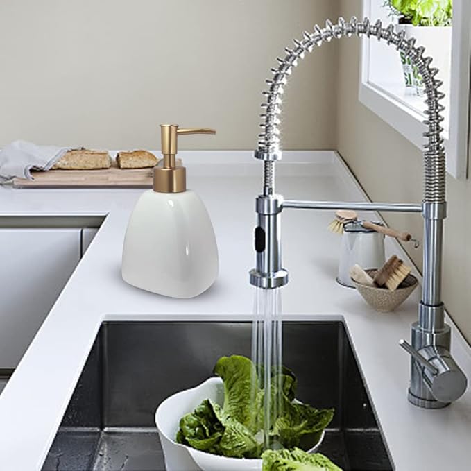 Liquid Soap Dispenser for Bathroom with Gold Pump，Dish Soap Dispenser for Kitchen，Refillable Countertop Lotion Ceramics White Hand Soap Dispenser for Shower 430ml (Pyramid White Bottle)