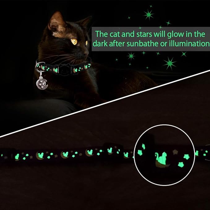 2Pcs Breakaway Cats Collars Cat Collars for Boy & Girl Cats Moons Adjustable Kitten Collars with Bell & Pendant Glow in The Dark,Black+Pink