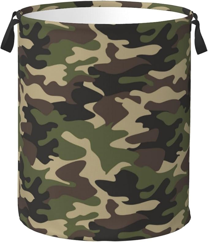 Green Camouflage Laundry Hamper Bag With Waterproof Liner - Military Camo Round Laundry Basket Foldable Clothes Storage Organizer For Bathroom Bedroom Nursery Dorm, S-16.5"X 13.8"