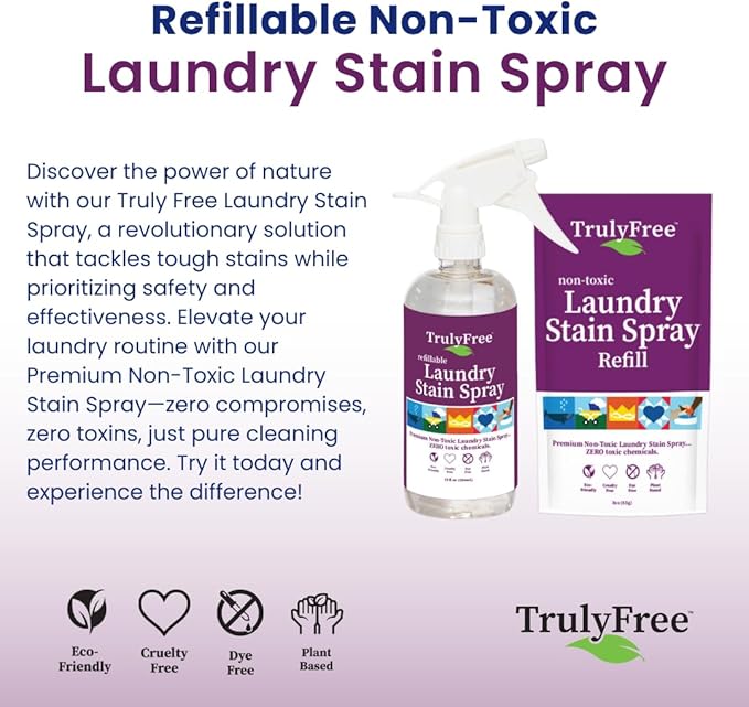 Truly Free Laundry Stain Remover Spray for Clothes - Removes Tough, Dried-In Stains on Whites & Colors -Natural Ingredients - Gentle Yet Powerful - Includes 3 oz Refill & Empty Refillable Bottle