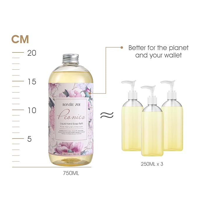 ROMIIE ZOI Liquid Hand Soap Refills Gift Set – Peony Scent – 3 x 26 Fl Oz Bottles – Plant-Based, Non-Toxic, Gentle & Moisturizing Formula with Essential Oils – for Bathroom, Kitchen & Home Gifting