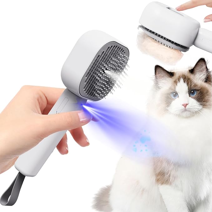 Pet Steam Brush for Cats, 4 in 1 Cat Brush for Long Haired Cats Kittens Dogs for Shedding Grooming Massage Self Cleaning (White Grey)
