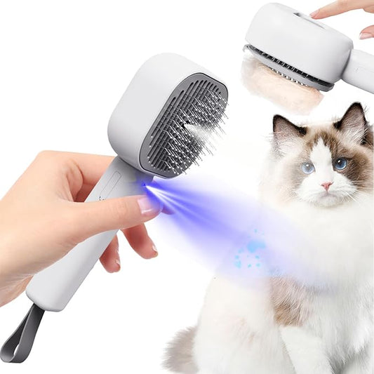 Pet Steam Brush for Cats, 4 in 1 Cat Brush for Long Haired Cats Kittens Dogs for Shedding Grooming Massage Self Cleaning (White Grey)