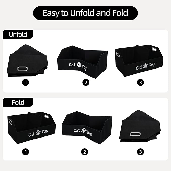 Cat Toy Basket, Kitten Toys Storage Organizer Foldable Fabric Bin Pet Supplies Chest Holder Trapezoid Container with Metal Handles for Organizing Cats Clothes Accessories, Black