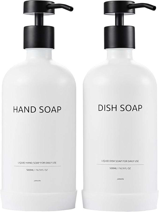 Soap Dispenser Set with Non-Slip Protective Silicone Pad, Hand Soap Dispenser for Bathroom and Kitchen Decor, White and Black Accessories (White Bottles + Black Pumps)