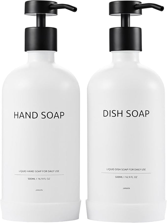 Soap Dispenser Set with Non-Slip Protective Silicone Pad, Hand Soap Dispenser for Bathroom and Kitchen Decor, White and Black Accessories (White Bottles + Black Pumps)