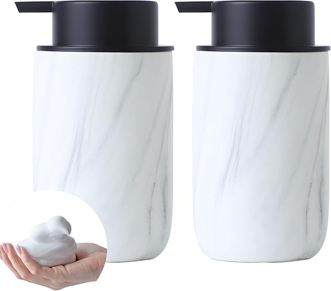 Marble Foaming Soap Dispenser Set - 2 Pack White Marble Ceramic Foam Dish Hand Soap Dispenser with Black Pump for Bathroom, Bathroom Dispenser Set for Modern Home Farmhouse Decor