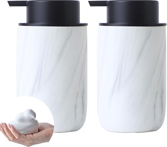 Marble Foaming Soap Dispenser Set - 2 Pack White Marble Ceramic Foam Dish Hand Soap Dispenser with Black Pump for Bathroom, Bathroom Dispenser Set for Modern Home Farmhouse Decor