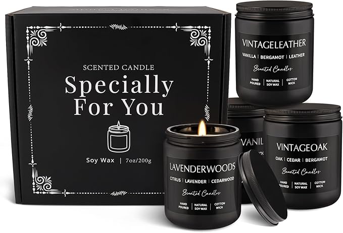 Scented Candles Gift Set - 4 Pack (7oz Each) Soy Wax Aromatherapy Candles with Essential Oils, Smokeless - Leather & Smoke, Vanilla Oakmoss, Lavender for Office, Gifts