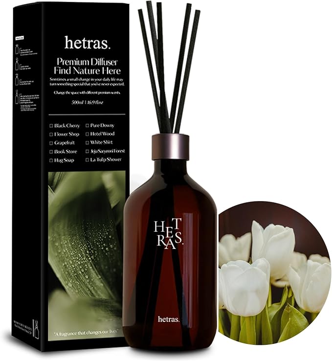 hetras Premium Reed Diffuser Set 16.9 fl.oz. 1 Pack | La Tulip Shower - Elegant Flowers Scent | Long-Lasting Luxury Fragrance with 10 Reed Sticks for Home & Office | Gifts for Loved One