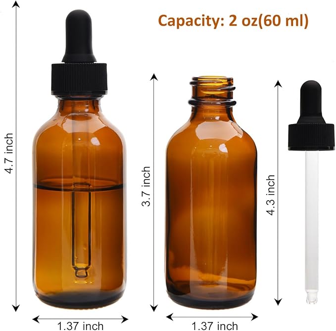 June Fox 2oz Glass Dropper Bottle, 80 Pack Amber Glass Bottles with Droppers and Black cap for Essential Oils, Lab Chemicals, Perfumes