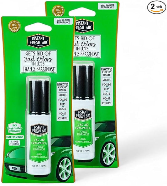 2-Pack: Dual-Action CAR AIR Freshener Rainforest Bliss -Instantly Eliminates Odors from Smoke, Food, Pets in 2 Seconds - For Commuters, Pet Owners, Rideshare Drivers 1.35 Oz. - INSTANT FRESH AIR