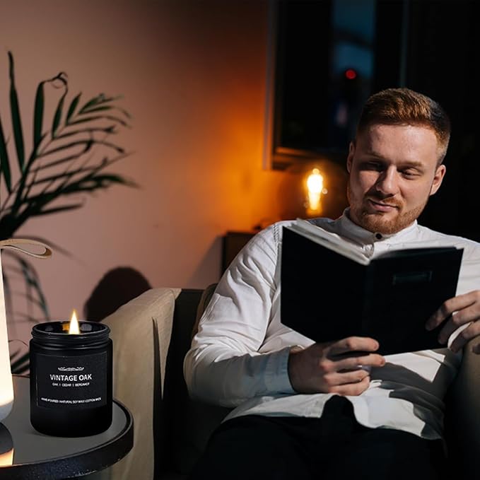 Scented Candle Set, Men Candle Set, Scented Candles for Home, Gifts for Men, 4 Pack Manly Christmas Candles Gifts for Mens Scents of Smoke Vanilla/Leather/Oak/Lavender Wood