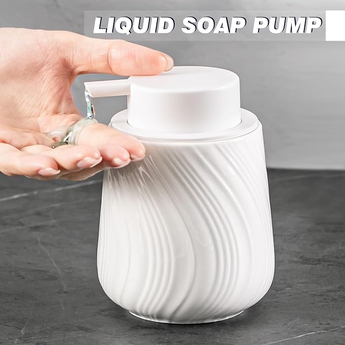 soap Dispenser Ceramic Lotion Dispenser with Easy-to-Press Pump for Bathroom 13.5 oz refillable Liquid Hand soap Dispenser for Hand sanitizers (Liquid-White)