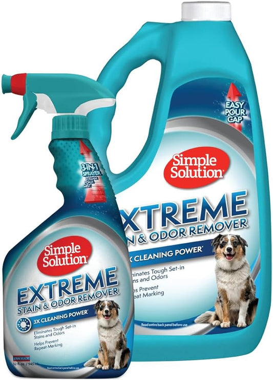 Simple Solution Extreme Pet Stain and Odor Eliminator, Enzyme Dog Urine Odor Neutralizer, Pet Carpet Stain Remover, Strong Pet Spray for Pee Cleaner Spot Treatment, Rug Deodorizer, 1 Gallon + 32 oz