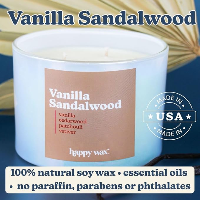 Happy Wax Vanilla Sandalwood All Natural Soy Wax 3 Wick Premium Scented Candle, Infused with Essential Oils, Long Lasting 40+ Hours of Burn Time, Vanilla and Earthy Notes