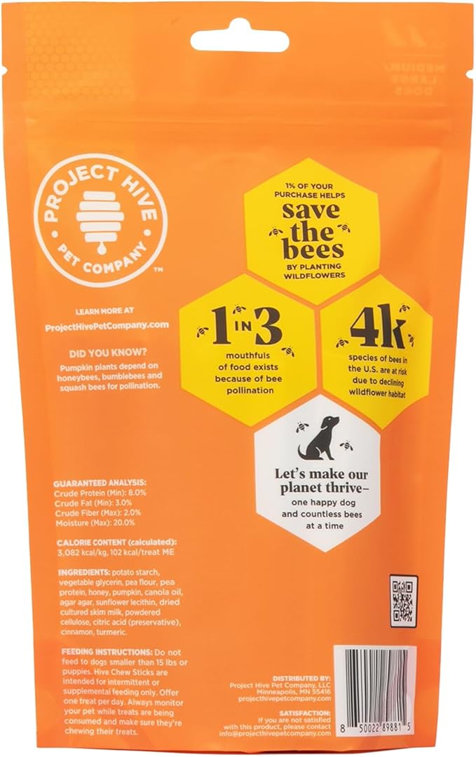 Hive Pumpkin Dental Treats for Dogs — Healthy, Vegetarian, Natural Pumpkin and Honey Flavor, Vegetarian Chews, Made in The USA (Chew Sticks, Large Breeds)-Clean Teeth and Freshens Breath