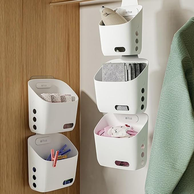 Plastic Hanging Basket Kitchen Storage organizer, Basket with Detachable hook, Hang it behind a door or on a railing, Over the Cabinet Door (Light Gray, Large)2pack