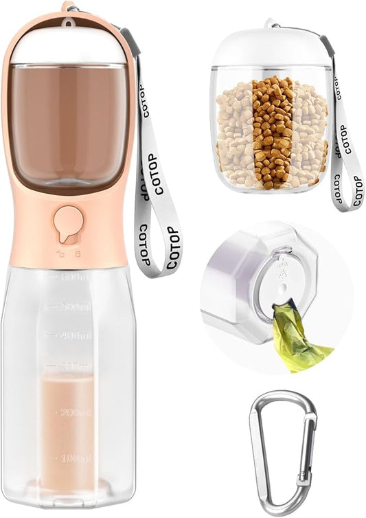 20oz Dog Water Bottle with Food Container & Poop Bag Dispenser | Leak-Proof Portable Pet Water Dispenser with Carabiner Clip | for Walking, Hiking, Travel (Peach, 20oz)