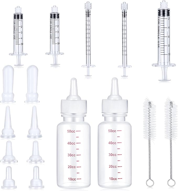 17 Pieces Pet Nursing Bottle Kit Including 2 Pet Feeding Bottle, 8 Replacement Feeding Nipples, 5 Dog Nursing Syringes in 1 Ml, 5 ml and 10 Ml, 2 Cleaning Brushes for Kittens, Puppies, Rabbits