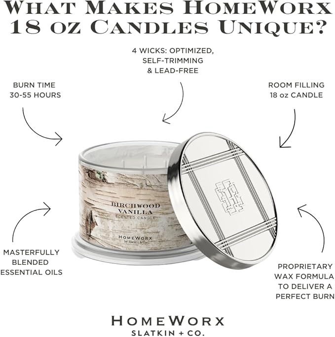 HomeWorx by Slatkin & Co - Birchwood Vanilla - Premium Scented 18oz 4 Wick Candle - Long-Lasting Jar Candle, 30-55 Hours Clean Burn Time - Birchwood, Vanilla, Jasmine, & Cedarwood