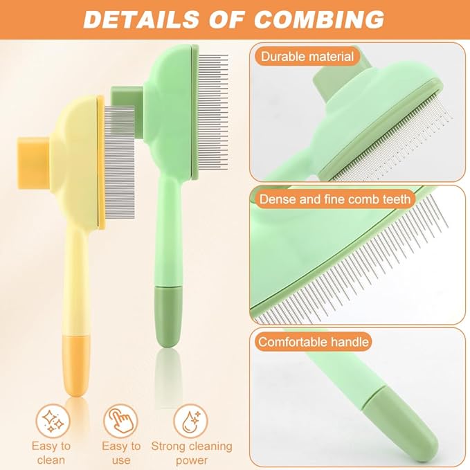 Pet Comb for Dogs Cats Brush, Flea Comb with Long Short Stainless Steel, Self-Cleaning Pet Brush for Shedding