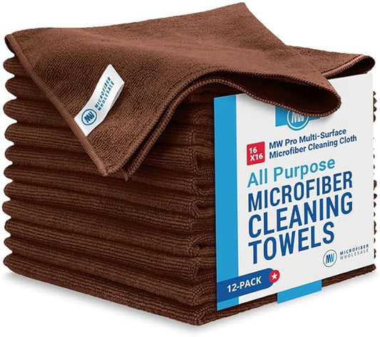 MW Pro Microfiber Cleaning Cloth | Brown | 12 Pack | 16” x 16” | Coffee, Barista, Espresso Towels - Clean, Dust, Polish, Scrub, Absorbent