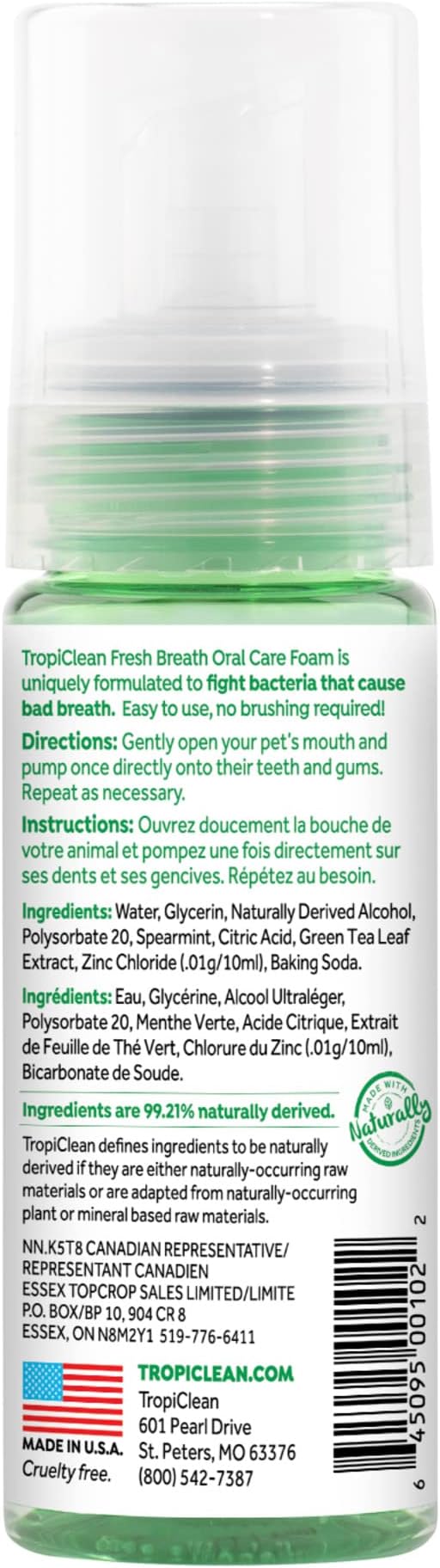 TropiClean Fresh Breath Dental Foam Spray for Dogs & Cats | Quick Breath Freshener and Teeth Cleaning Solution | Made in The USA | 4.5oz.