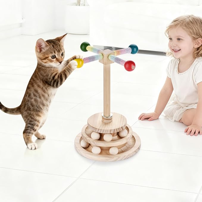 2-in-1 Wooden cat Toy, Interactive Multi-Layer Ball Track and Rotating cat Teaser Stick - Durable Natural Wood Made Puzzle Sports Toy for Kittens
