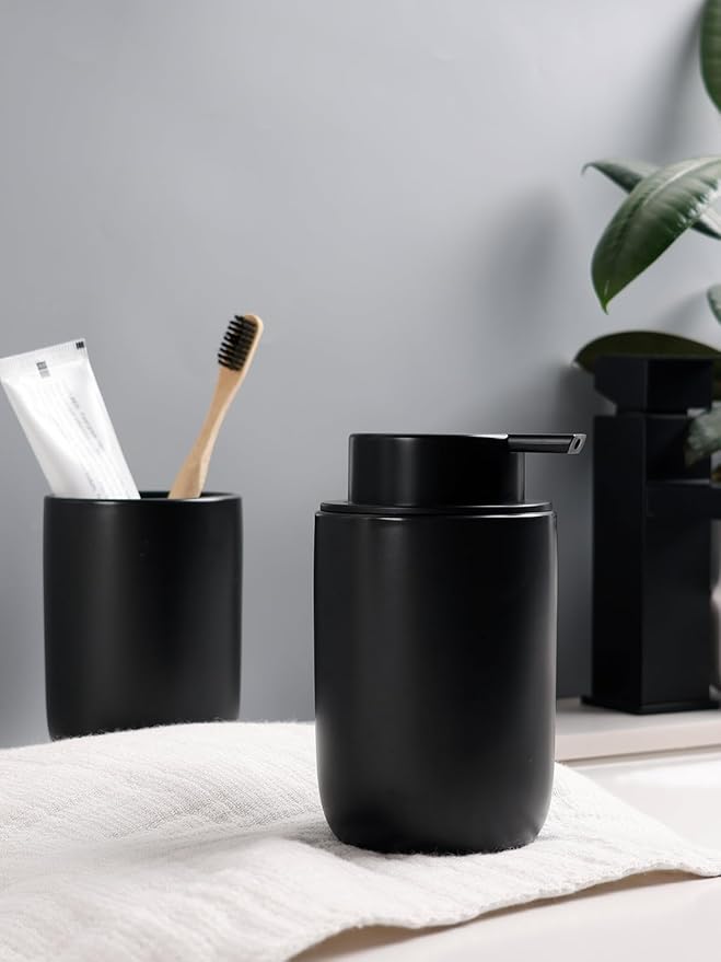 Bosilunlife Soap Dispenser and Toothbrush Holder Set - Dish Hand Soap Dispenser Bathroom Set Ceramic Bathroom Counter Soap Toothbrush Holder Set Black Bathroom Accessories Set