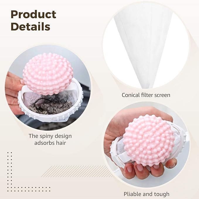 6 Pcs Floating Hair Filtering Mesh Removal, Laundry Lint Catcher, Pet Hair Remover for Laundry, Upgraded Concave-Convex Ball Design, 3.7 x 6.4 in Filter Bag, Reusable Washing Machine Hair Catcher