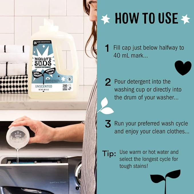 Molly's Suds Liquid Laundry Detergent | Clean Laundry Detergent Soap for Sensitive Skin | 2x Concentrated, High Efficiency (HE) | Unscented - 100 Loads