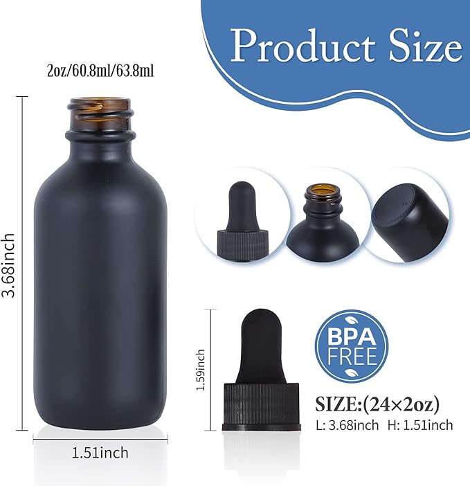 2 oz Dropper Bottle 24 Pack Black Glass Boston Bottles 60ml with Eye Droppers Black Caps for Essential Oils, Perfume, Leak Proof Travel Bottles for Liquids