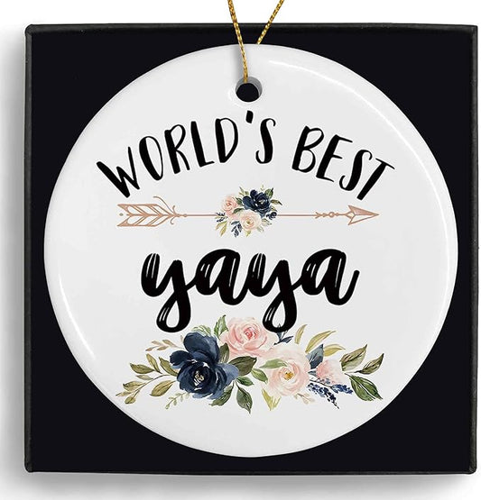 World's Best Yaya Ceramic Ornaments Gifts, Grandma Grandmother Round Hanging Ornament Decor Decorations for Christmas Tree Car, Thank You Appreciation Gifts for Yaya Birthday Holiday