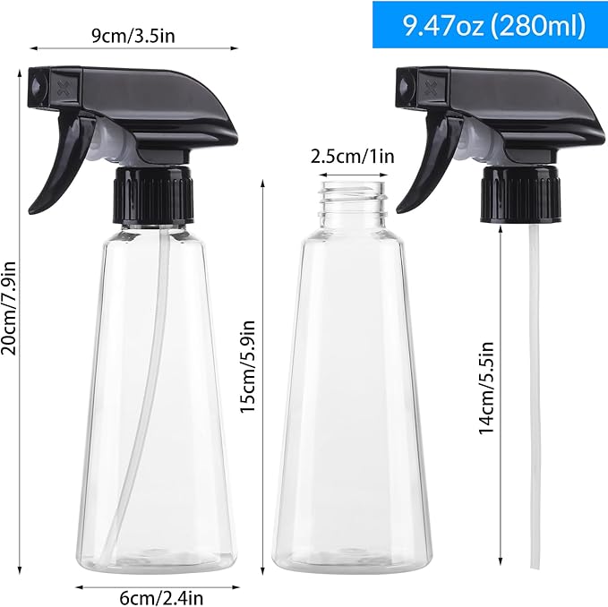 Plastic Spray Bottle 9.5 oz - 2 Pack Empty Spray Bottle for Hair, BPA Free Adjustable Mist/Stream for Plants, Cleaning, Pet