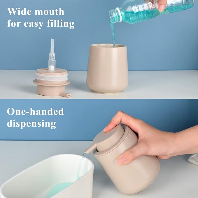 BosilunLife Hand Soap Dispenser - Ceramic Dish Soap Dispenser for Bathroom 12ounce Refillable Liquid Hand Wash Dispenser for Essential Oil, Lotion Soap, Khaki