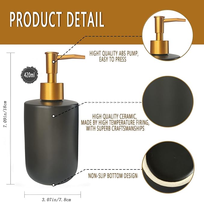 Black Liquid Soap Dispenser for Bathroom with Golden Pump,Refillable Dish Dispenser for Kitchen， Countertop Lotion Ceramics Hand Dispenser 420ml(Cylindrical Black Bottle)