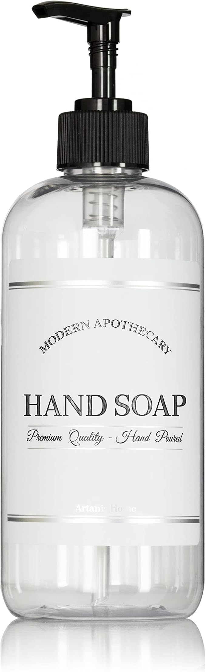 Refillable Clear PET Plastic 16 oz Hand Soap Bottle with Black Plastic Pump Dispenser - Chrome Accent Waterproof Labeled Bottle