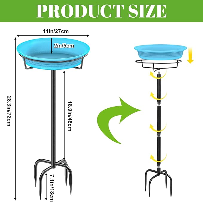 35.5In Freestanding Birdbaths Bowl Outdoor, Free Standing Garden Bird Bath Bird Feeder Bowl with Metal Stake, Detachable Decoration Spa Birdfeeder for Garden Patio Yard Lawn, 4 Spiky Feet (Blue)