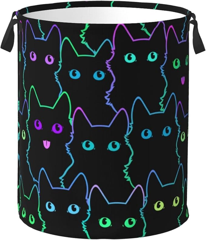 Funny Black Cats Laundry Hamper Bag With Waterproof Liner - Cute Animal Silhouettes Round Laundry Basket Foldable Clothes Storage Organizer For Bathroom Bedroom Nursery Dorm, S-16.5"X 13.8"