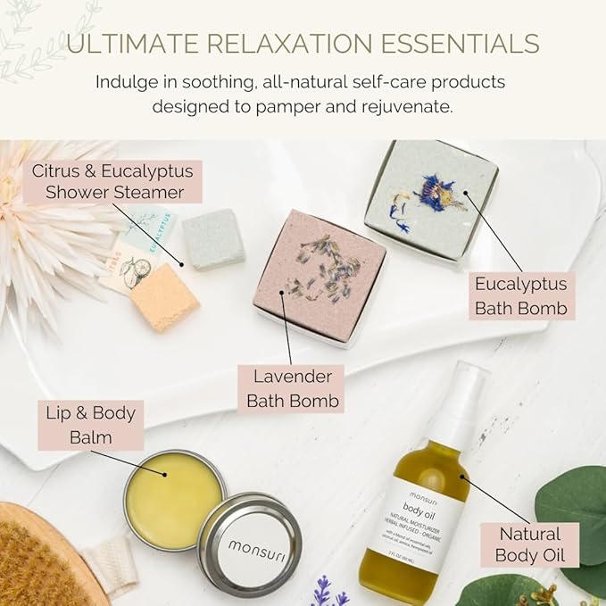 Muscle Relaxing Spa Gift Set for Women | Bath & Body Care Package with Natural Body Oil, Balm, Bath Bomb. Relaxation Self Care Package for Sore Muscles.