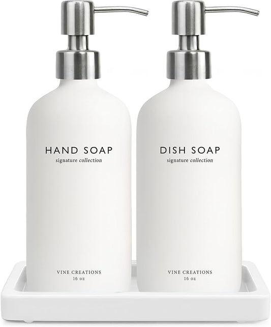 Vine Creations Glass Soap Dispenser Set, Kitchen Soap Dispenser Set with Ceramic Tray, 16 oz Dish Soap and Hand Soap Dispensers with Stainless Steel Pump Decor (White Bottle/Silver)