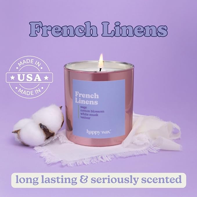 Happy Wax French Linens All Natural Soy Wax 1 Wick Premium Scented Candle, Infused with Essential Oils, Long Lasting 30+ Hours of Burn Time