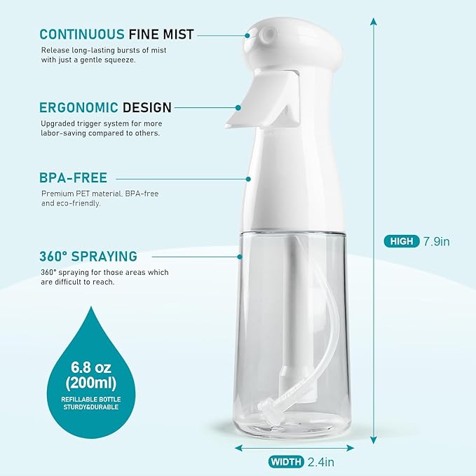 Bealee Spray Bottle For Hair, Continuous Mister Empty Spray Bottles, Ultra Fine Mist Water Sprayer for Hairstyling, Cleaning, Plants, Pets, Barbers, Salons, Essential Oil Scents - 2 Pack 6.8 OZ