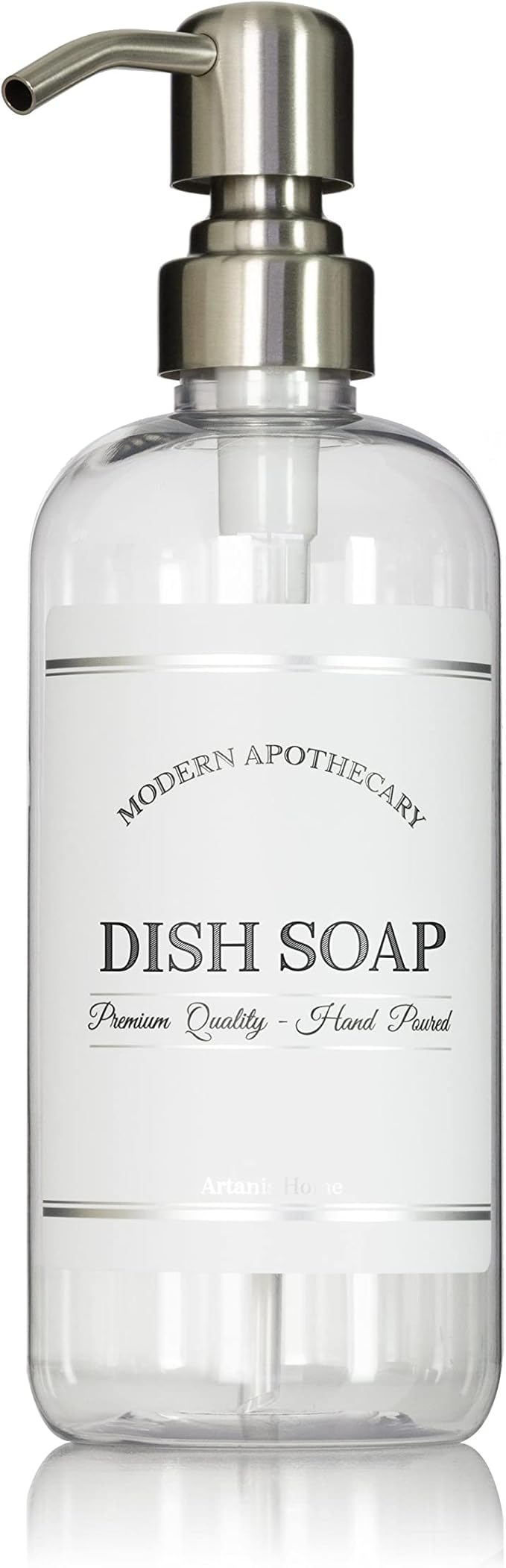 Refillable Clear PET Plastic 16 oz Dish Soap Bottle with Stainless Steel Pump Dispenser - Chrome Accent Waterproof Labeled Bottle